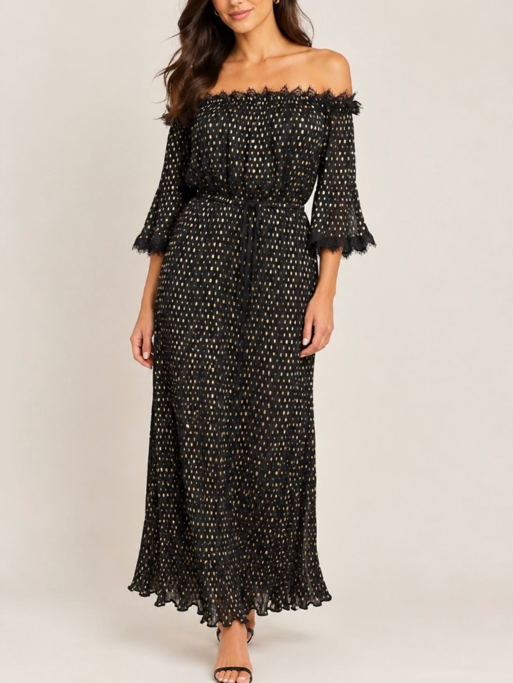 The Kooples Moonlight Women's Metallic Black Gold Dot Off Shoulder Dress Sz 2